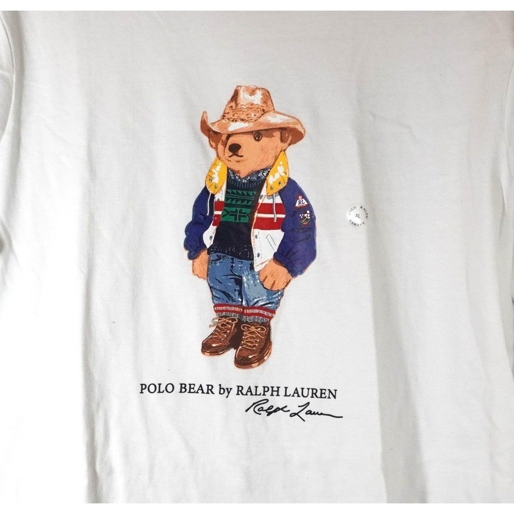 Polo Ralph Lauren T-Shirt Men XL White Polo Bear Cowboy Custom Slim Fit‎ Graphic - Picture 2 of 6